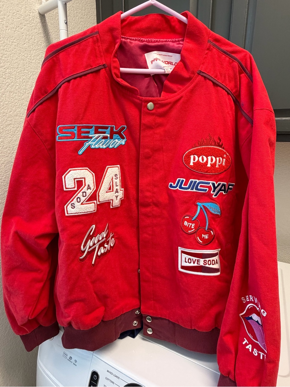 Red Embroidered Varsity Jacket with Blue Accents by Poppi-World